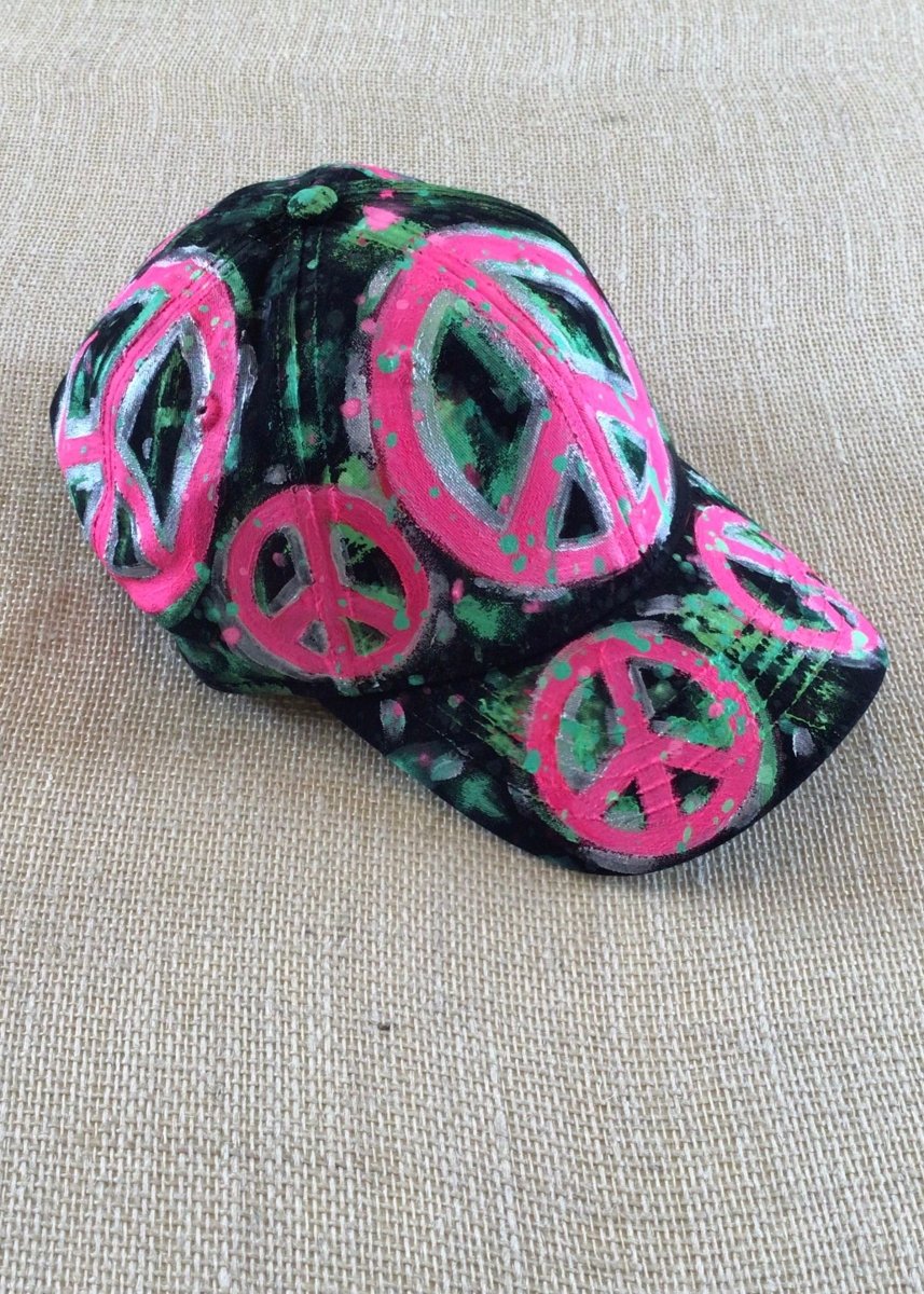 Black Hand Painted Neon Pink Peace Signs Baseball Cap - Made X Hudson