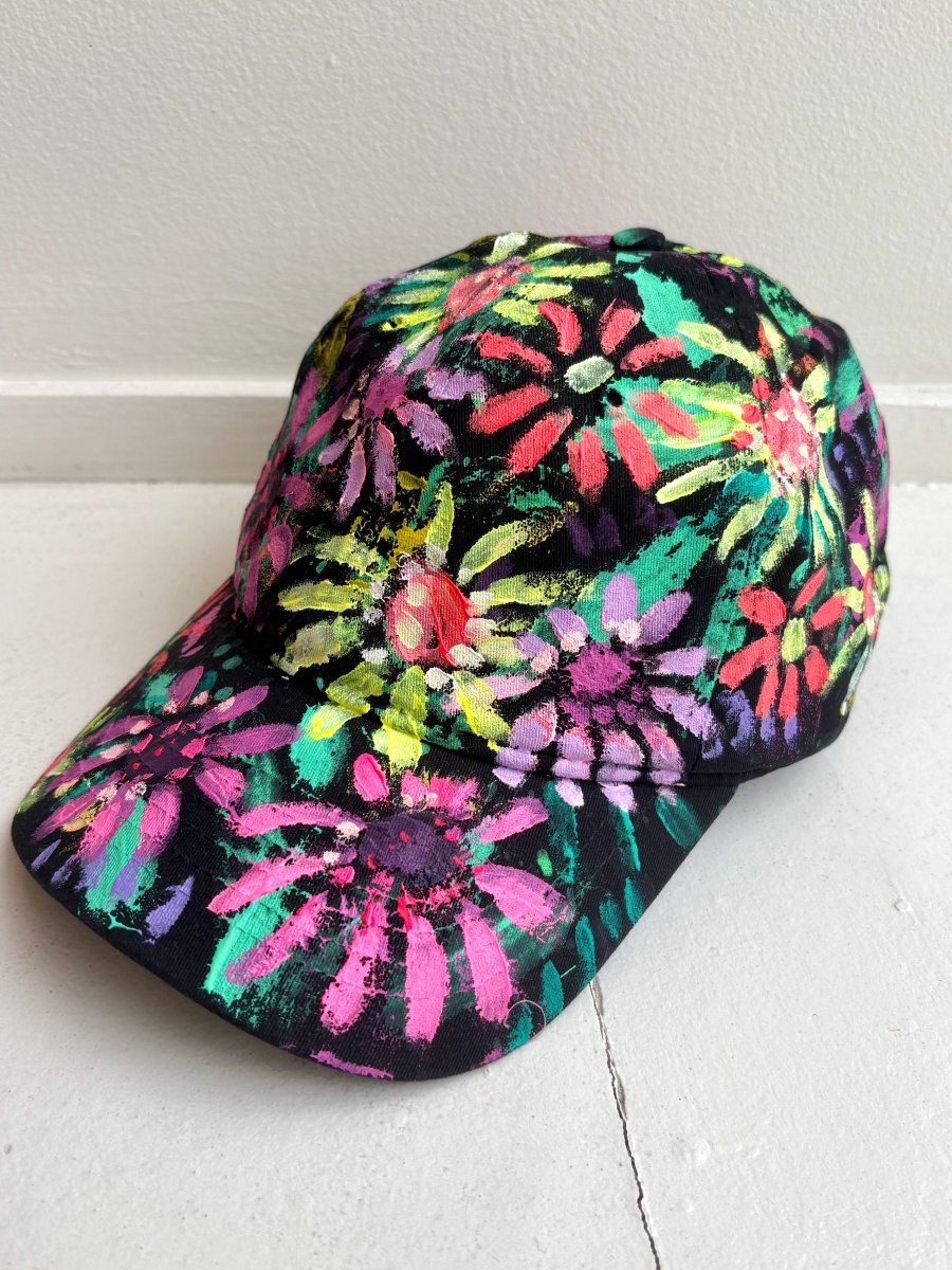 "Blossom" Black Baseball Cap w/ Pink Neon Flowers | Hand Painted - Made X Hudson