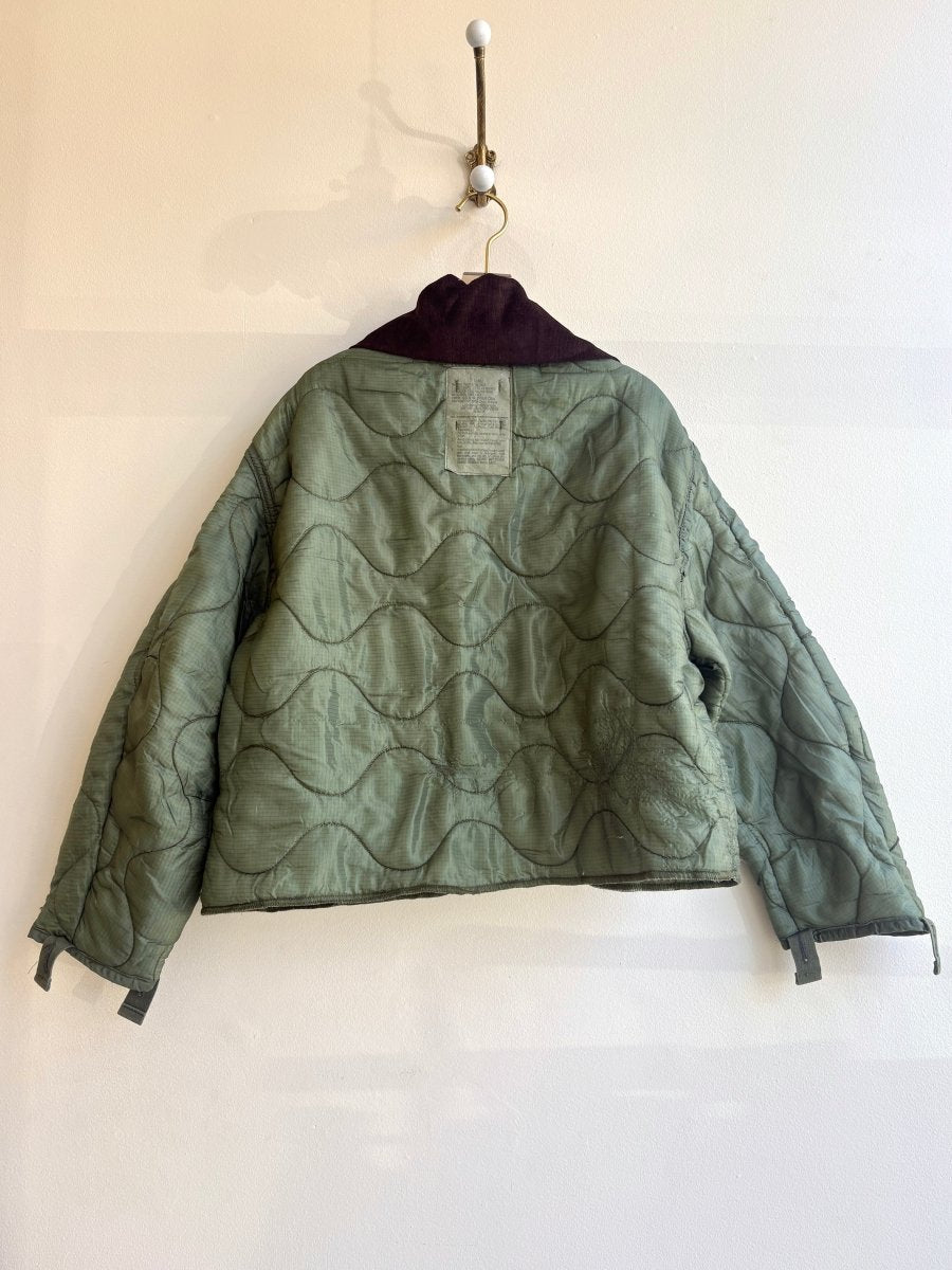 Dark Olive Army Liner Quilted Coat w/ Peat Brown Dagger Collar & Leather Buttons (Reworked) - Made X Hudson