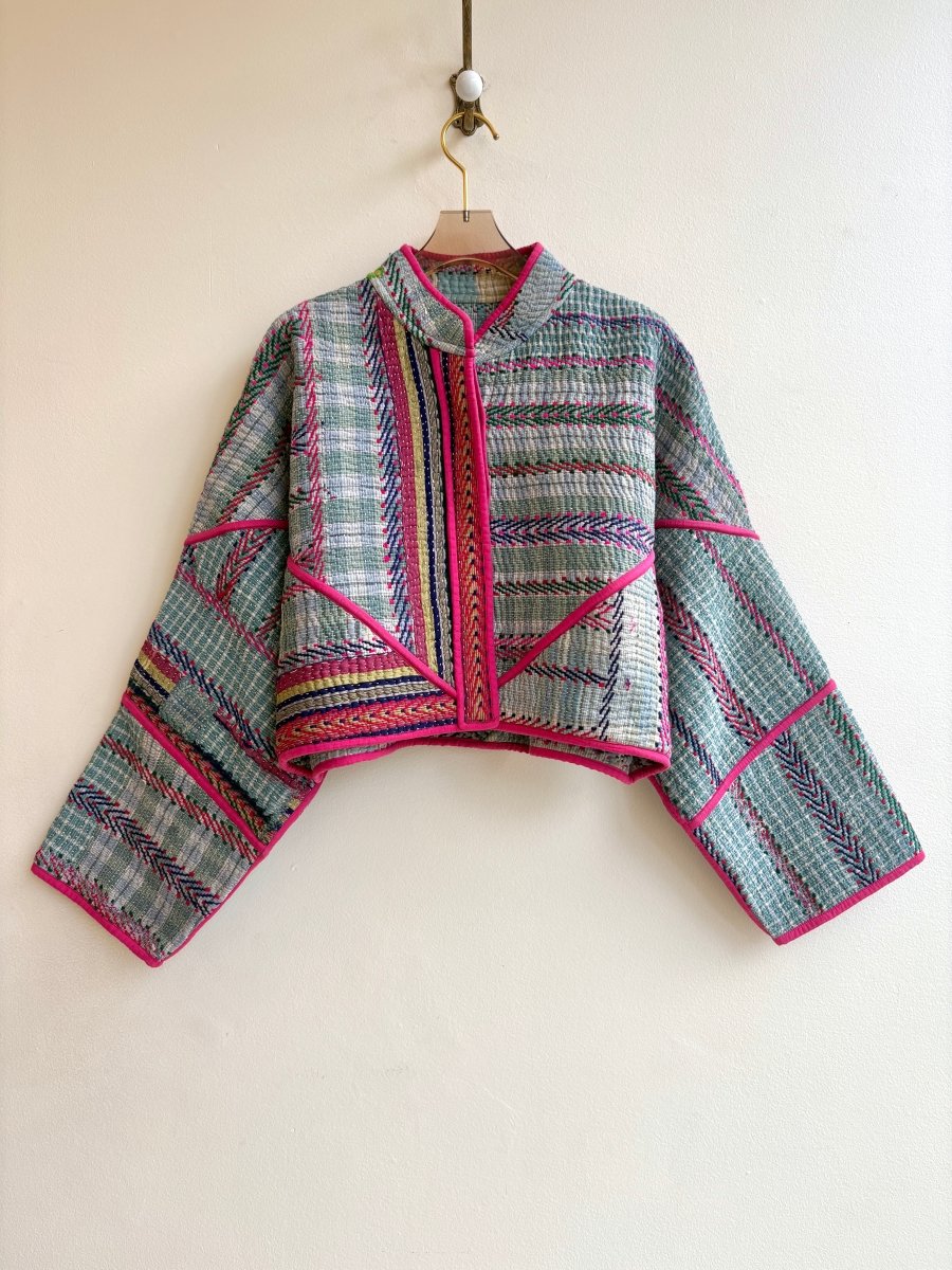 Reversible Kaira Quilted Cropped Jacket in Colors Seaweed Plaid, Rose, Citron & Cloud, Rain, Pink - Made X Hudson