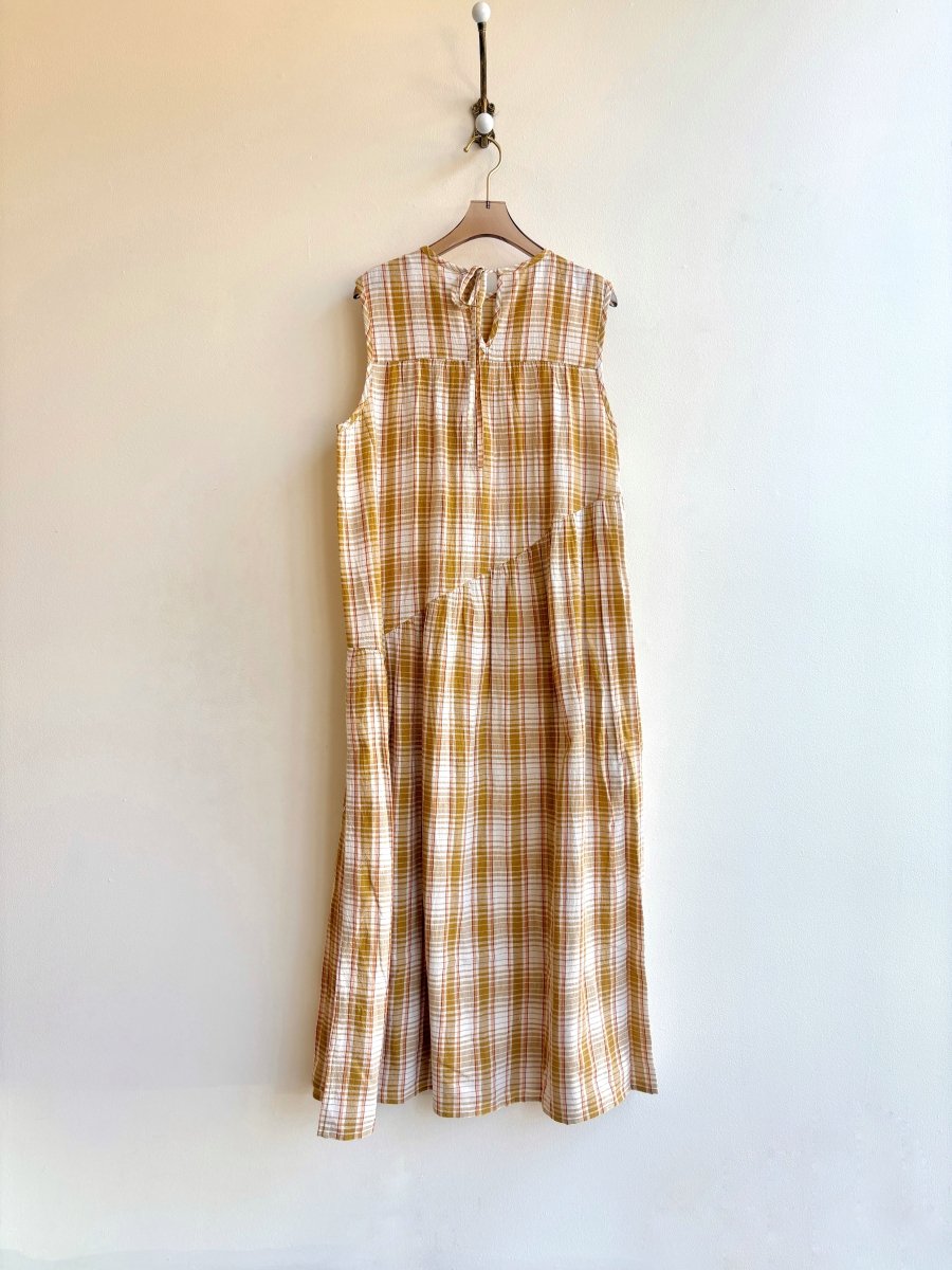 Anan Long Gathered Dress in Mustard, Sand & Turmeric Plaid - Made X Hudson