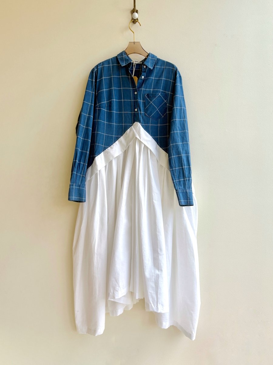 V - Line Shirtwaist Dress in Blue & White Windowpane & White (Reworked) - Made X Hudson