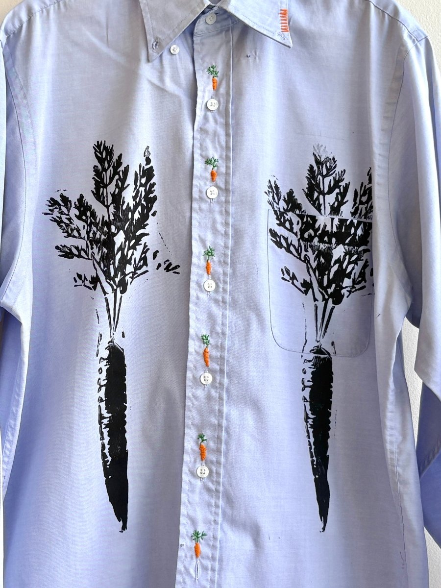 “Tatum” Pale Blue Hand Embroidered Carrot Print Shirt (Reworked) - Made X Hudson