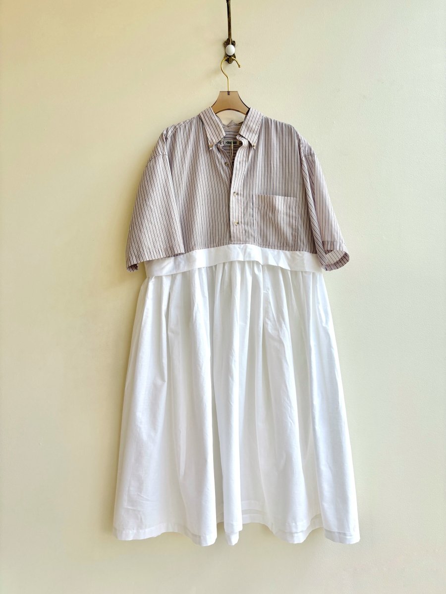 Empire Shirtwaist Dress in Blush, Navy, White & Tan Stripe & White w/ Short Sleeves (Reworked) - Made X Hudson