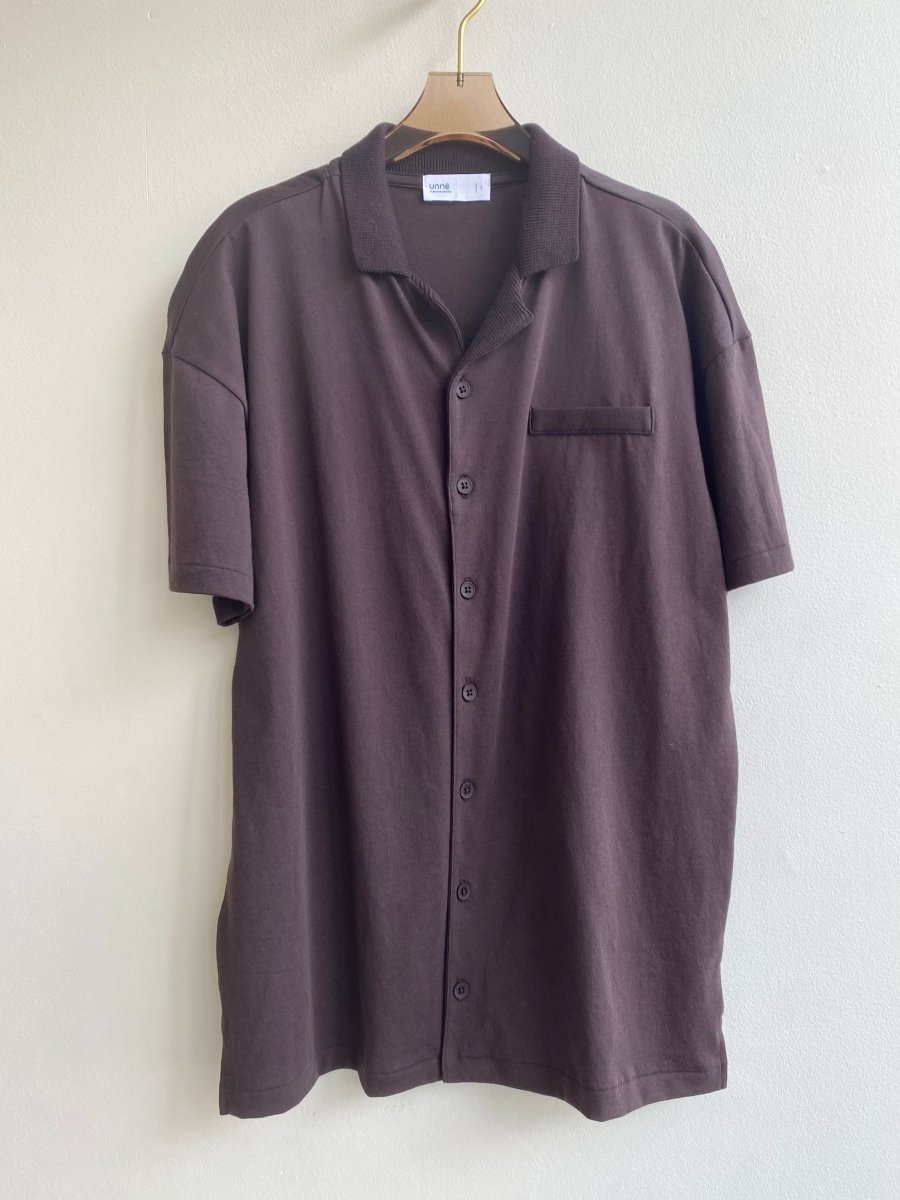 Brown Gender Neutral Button Up Shirt w/ Knit Collar - Made X Hudson