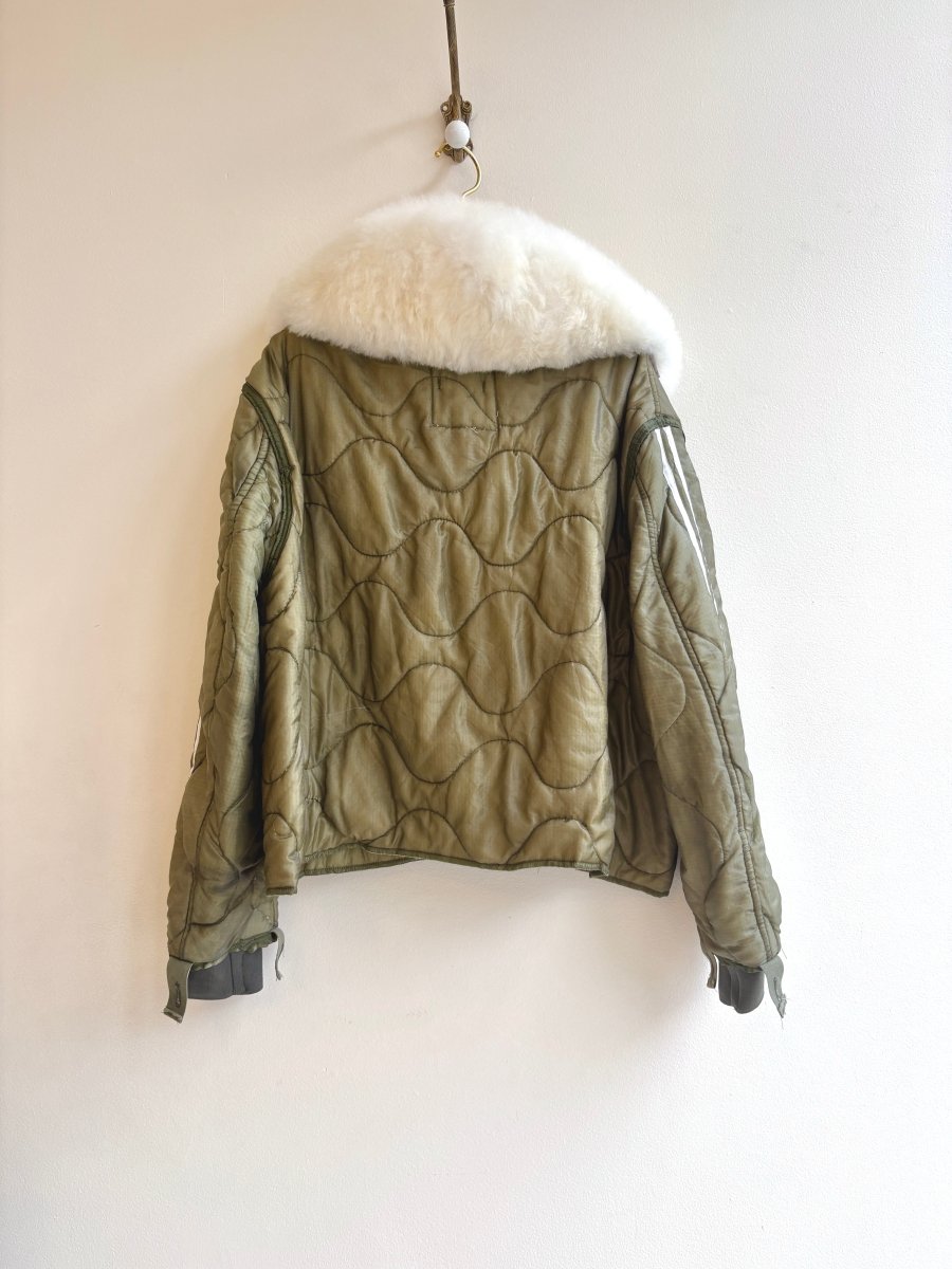 Mixed Olive Army Liner Quilted Coat w/ White Alpaca Fur Collar, Athletic Stripe & White Buttons (Reworked) - Made X Hudson