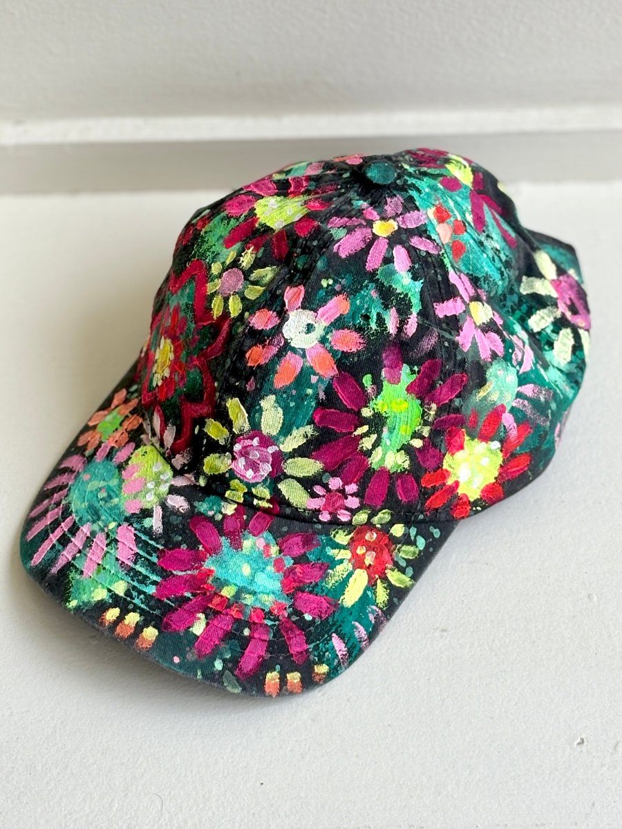 Black Hand Painted Neon Flowers Baseball Cap - Made X Hudson