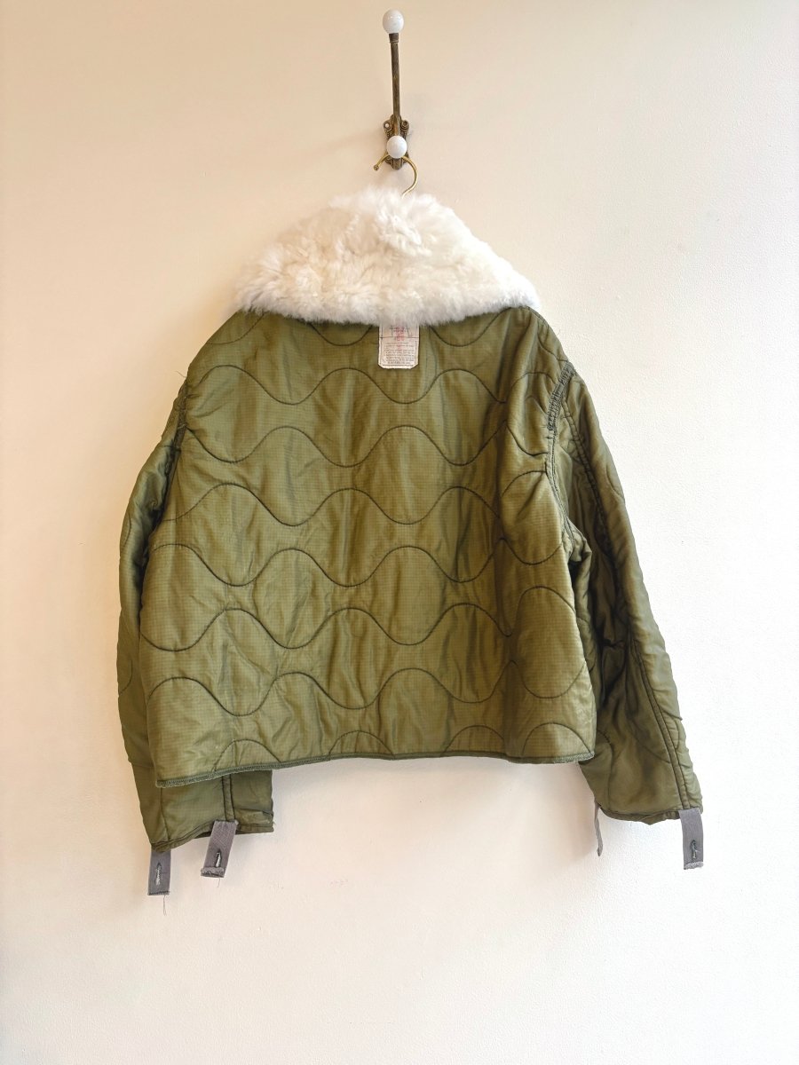 Olive Army Liner Quilted Coat w/ White Alpaca Fur Collar & Peat Gold Clasps (Reworked) - Made X Hudson