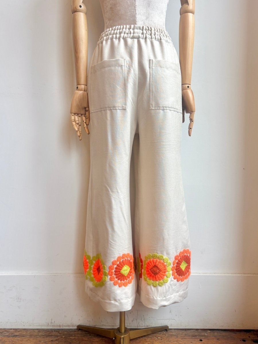 Neon Orange & Green Retro Floral Embroidered Wide-Leg Pant - Made X Hudson