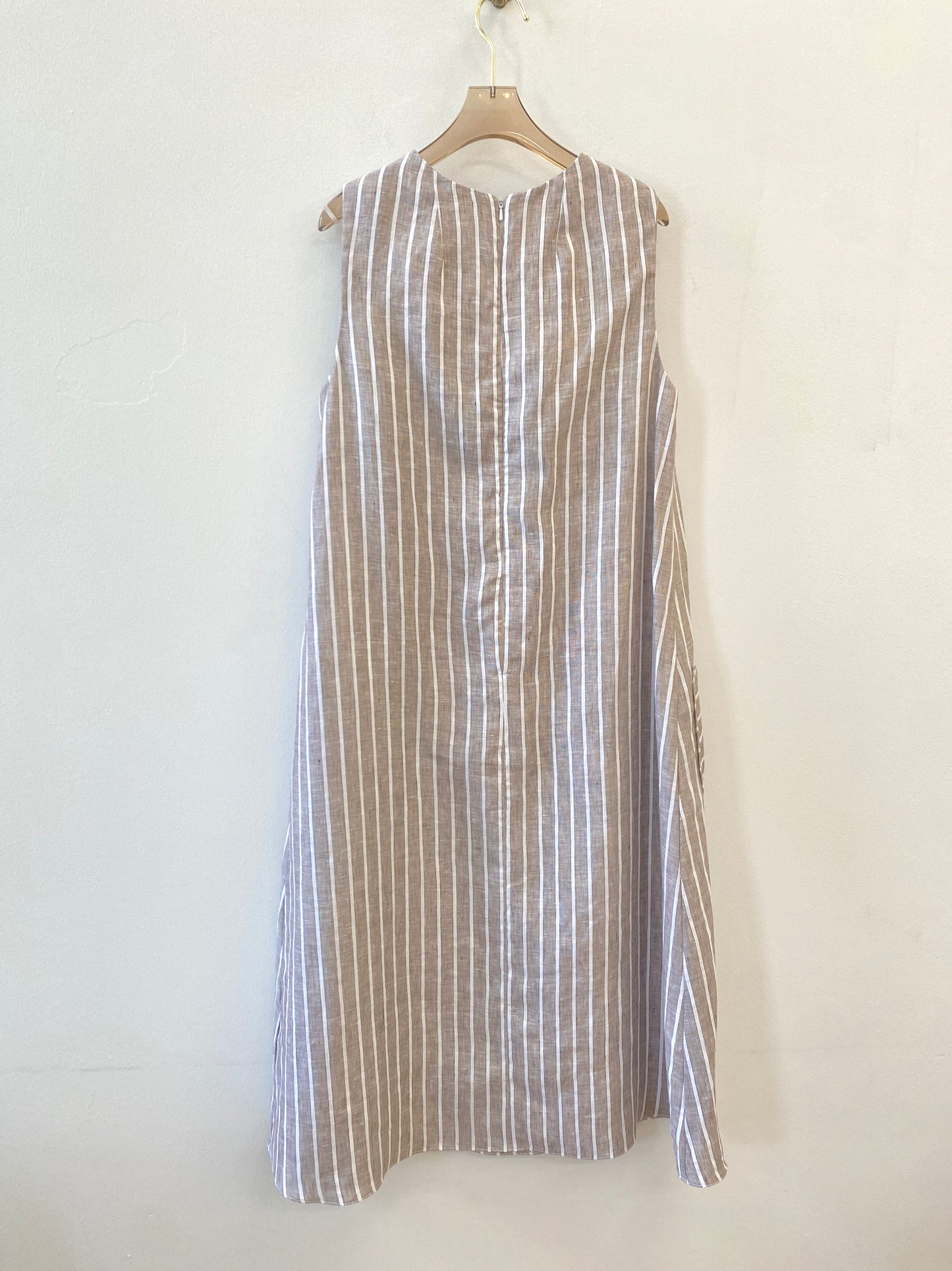 Brown Pinstripe Linen Chore Dress w/ Patch Pockets