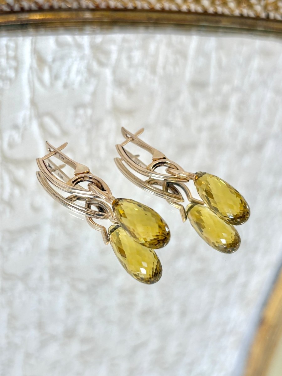 14K Gold & Lemon Quartz Stone Dangle Macaroni Earrings - Made X Hudson