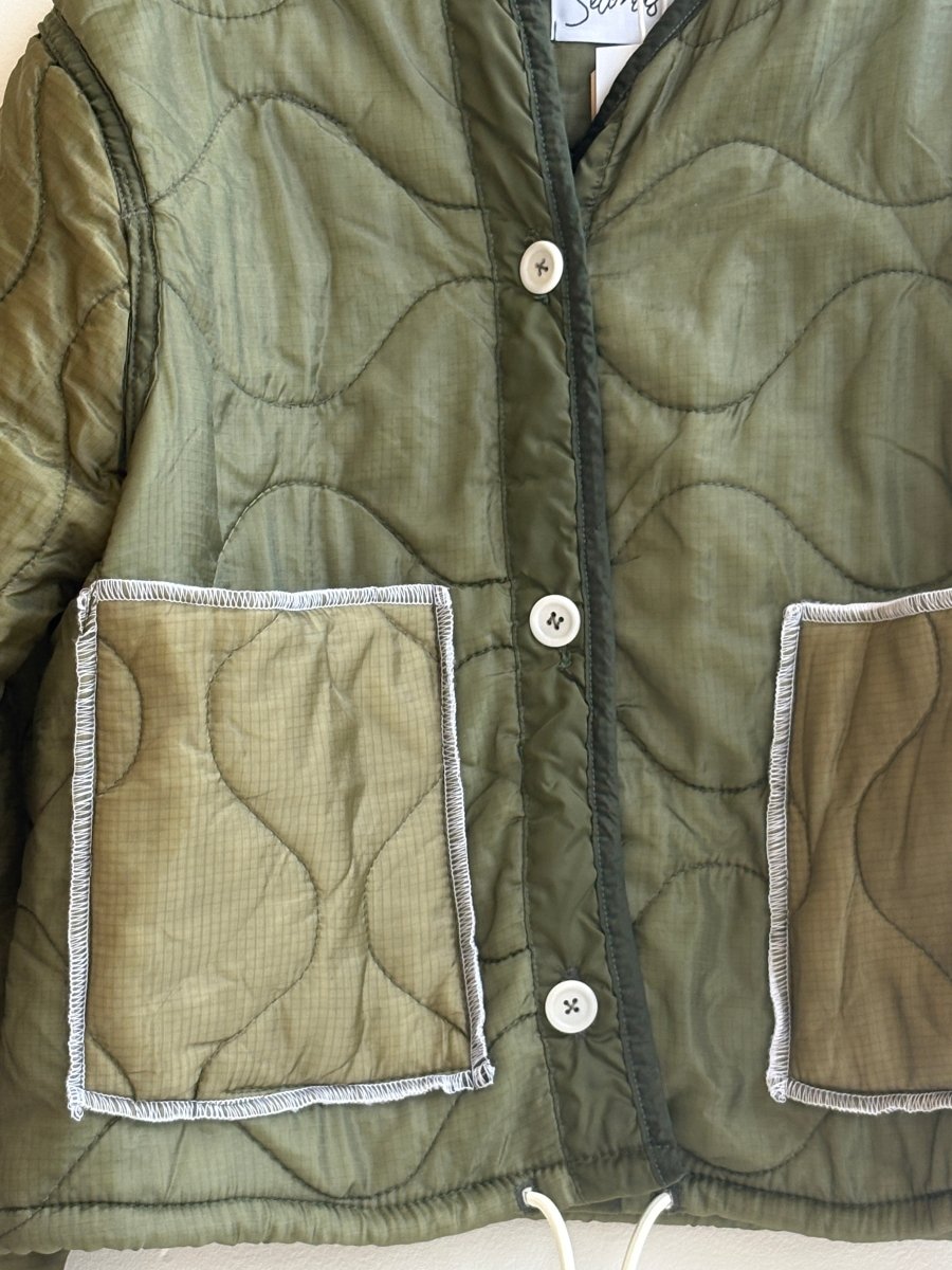 Olive Green Army Liner Quilted Coat w/ Light Olive Patch Pockets & White Drawstring | Multiple Sizes (Reworked) - Made X Hudson