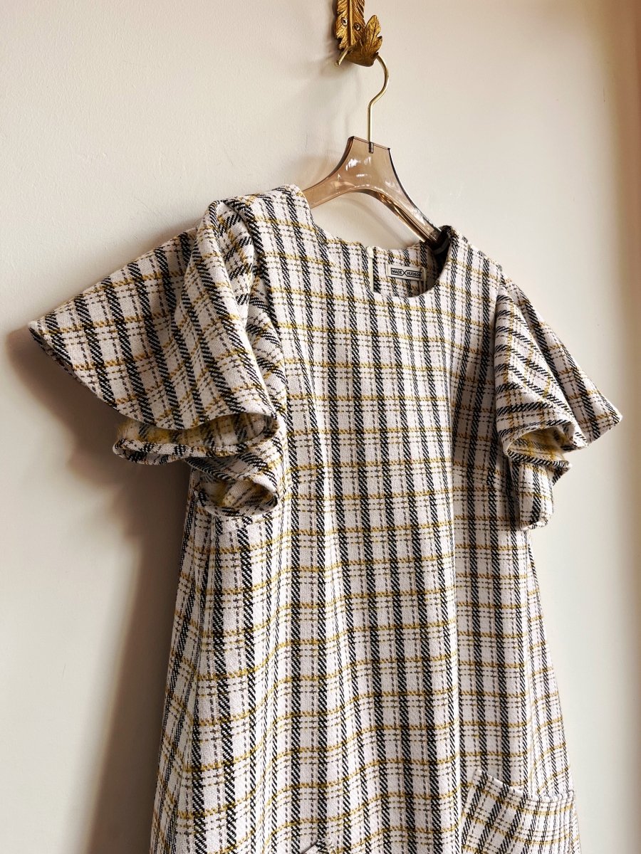 White, Gold, and Black Plaid Chore Dress with Flutter Sleeve - Made X Hudson