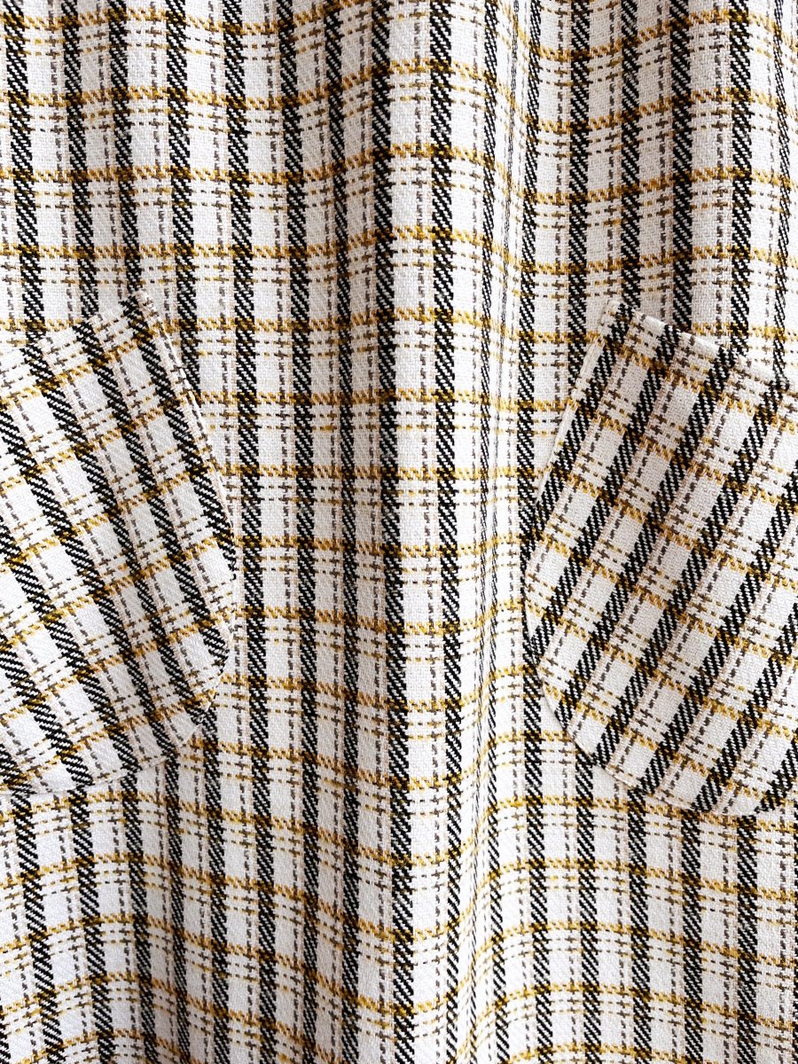 White, Gold, and Black Plaid Chore Dress with Flutter Sleeve - Made X Hudson