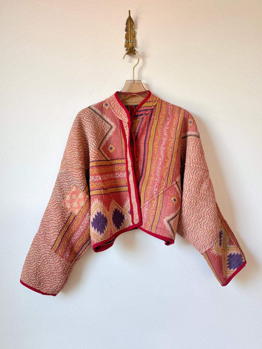 Reversible Kaira Quilted Cropped Jacket in Colors Tan, Red, Black, Orange & Pink Yellow, Purple - Made X Hudson