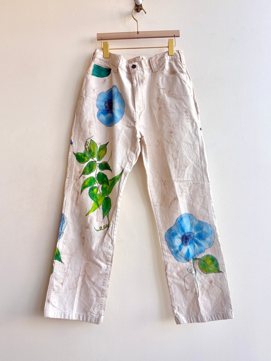 Large Blue Morning Glory Painter Pants with Color Blocked Pockets | Hand Painted (Reworked) - Made X Hudson