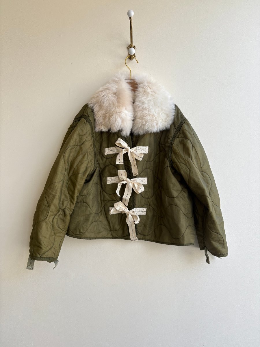 Olive Army Liner Quilted Coat w/ Cream Alpaca Fur Collar & Twill Tape Tie Closure (Reworked) - Made X Hudson