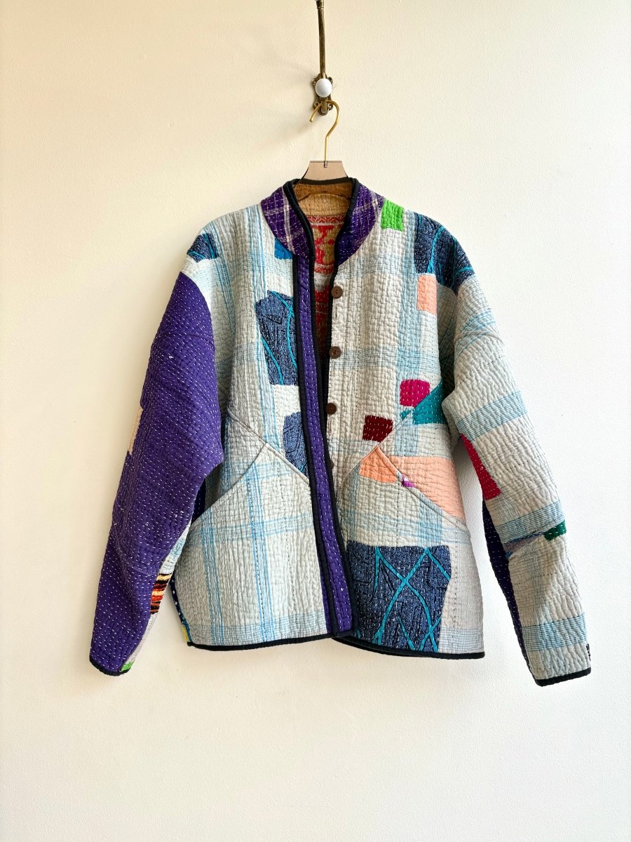 Reversible Ladhiya Quilted Jacket in Colors Blue, Purple, Multi Patchwork & Sunset Orange, Yellow, Coral - Made X Hudson