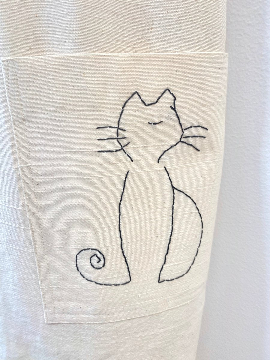 White Organic Linen Hand Embroidered Pinafore Apron w/ Black Cats - Made X Hudson