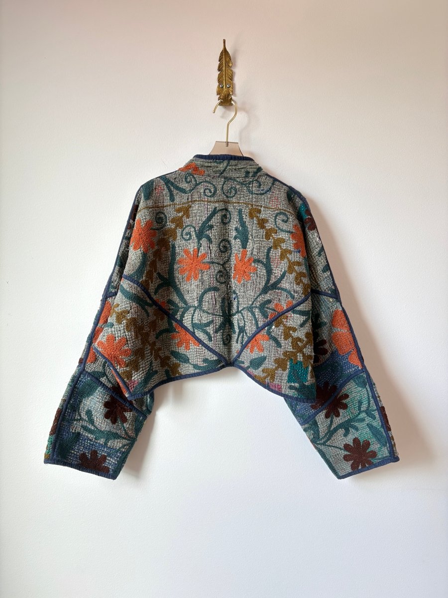 Reversible Suzani Quilted Cropped Jacket in Colors Navy, Orange, Burgundy & Bluestone - Made X Hudson
