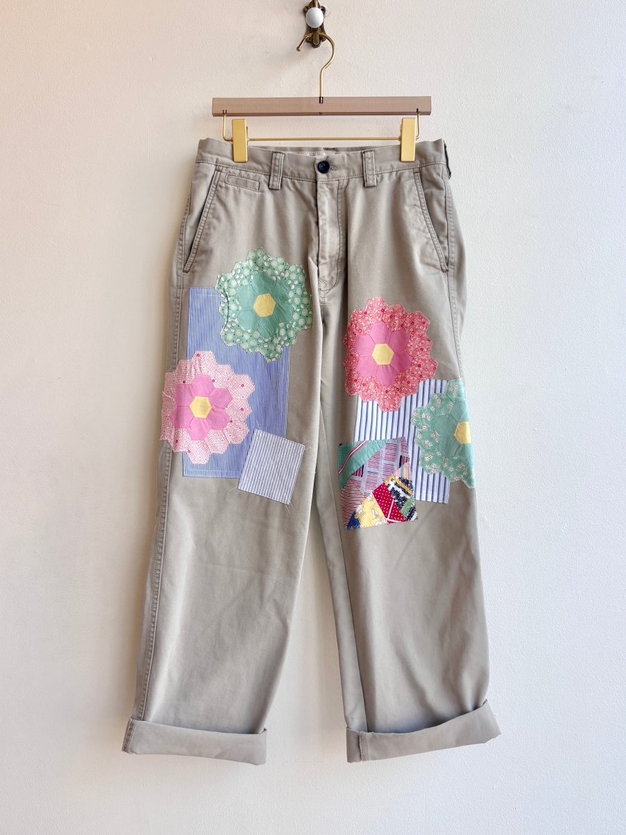 Grandmother’s Garden Quilt Block Applique Chinos | Pink Florals over Blue Stripes (Reworked) - Made X Hudson