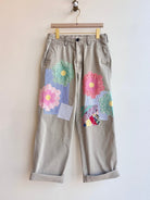 Grandmother’s Garden Quilt Block Applique Chinos | Pink Florals over Blue Stripes (Reworked) - Made X Hudson