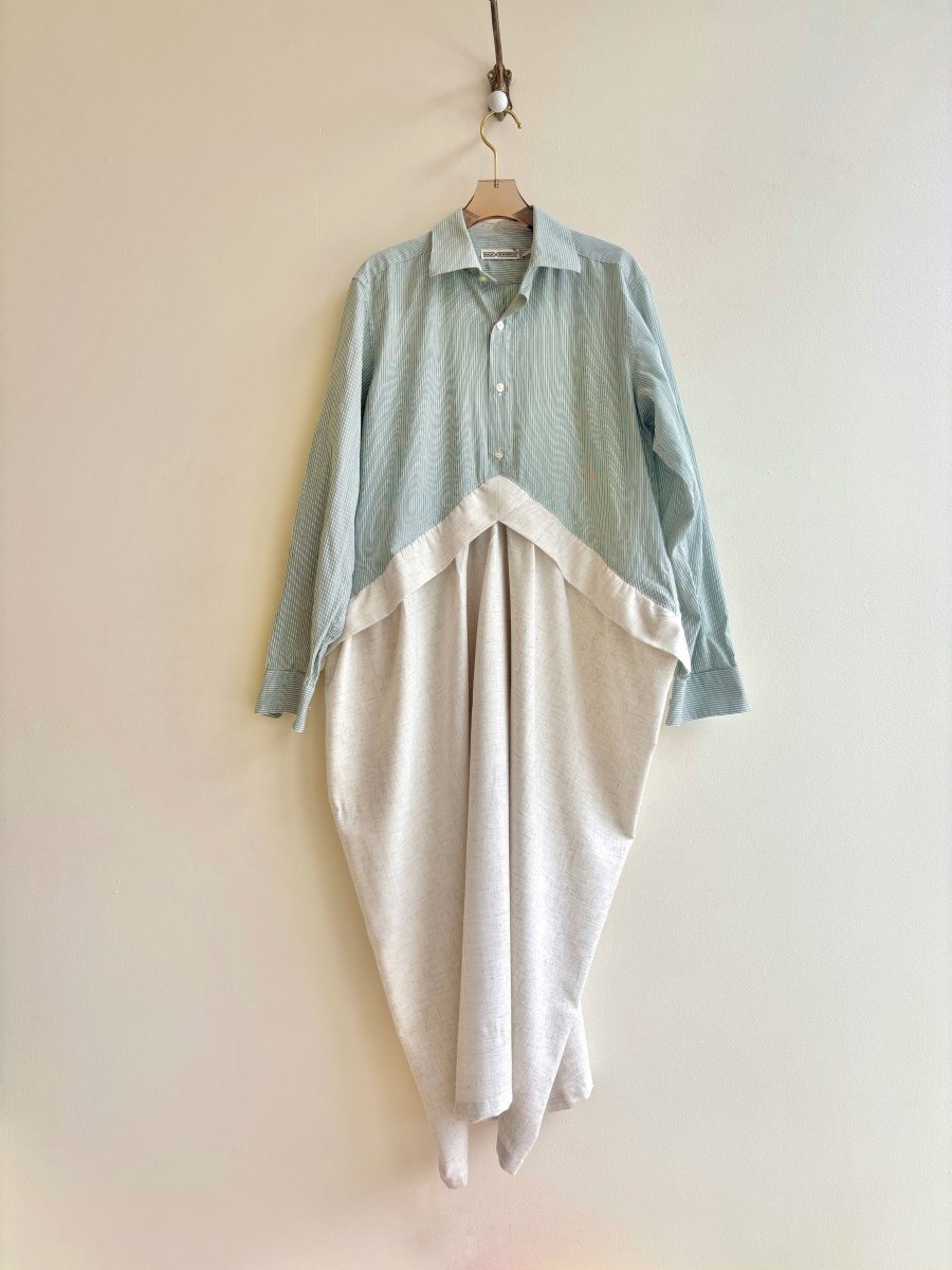 V - Line Shirtwaist Dress in Mini Lime and Forest Stripe with Natural Linen (Reworked) - Made X Hudson