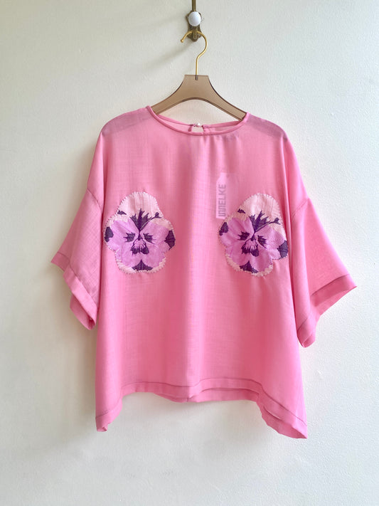 Blue or Pink Pansies Hand-Appliqued Patch Cotton Voile Tee