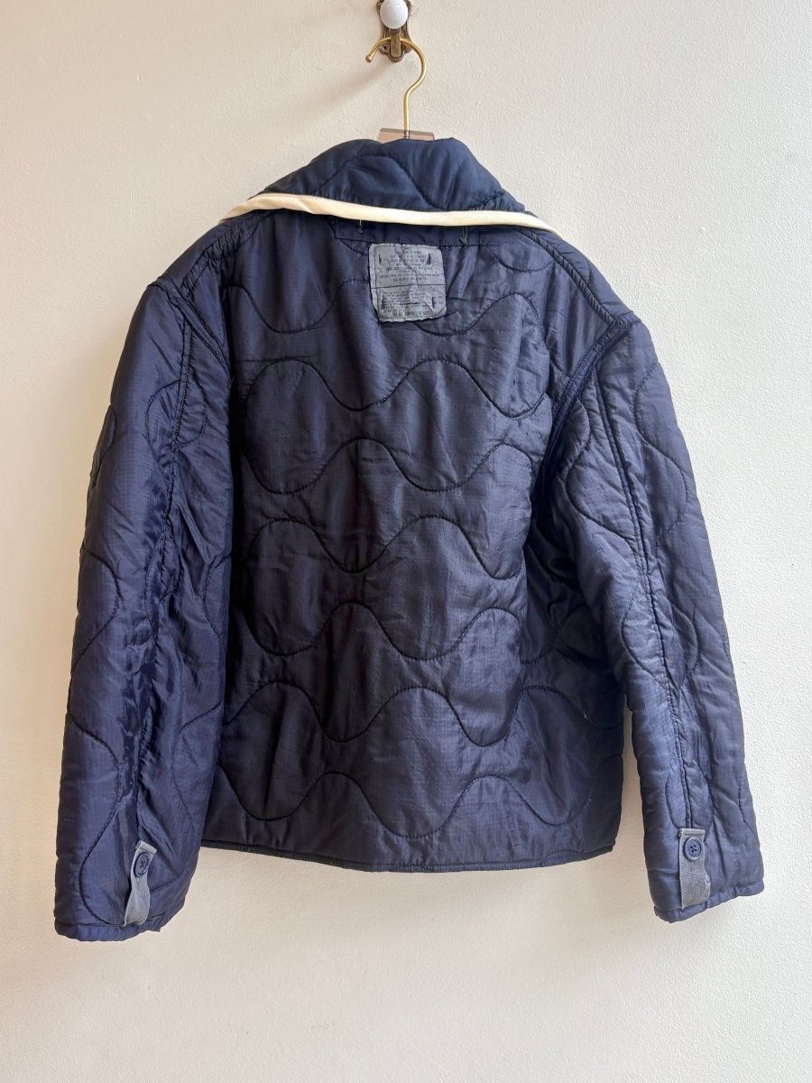 Navy Blue Army Liner Quilted Coat w/ Yellow Trimmed Pockets & Collar & Ivory Buttons (Reworked) (Copy) - Made X Hudson