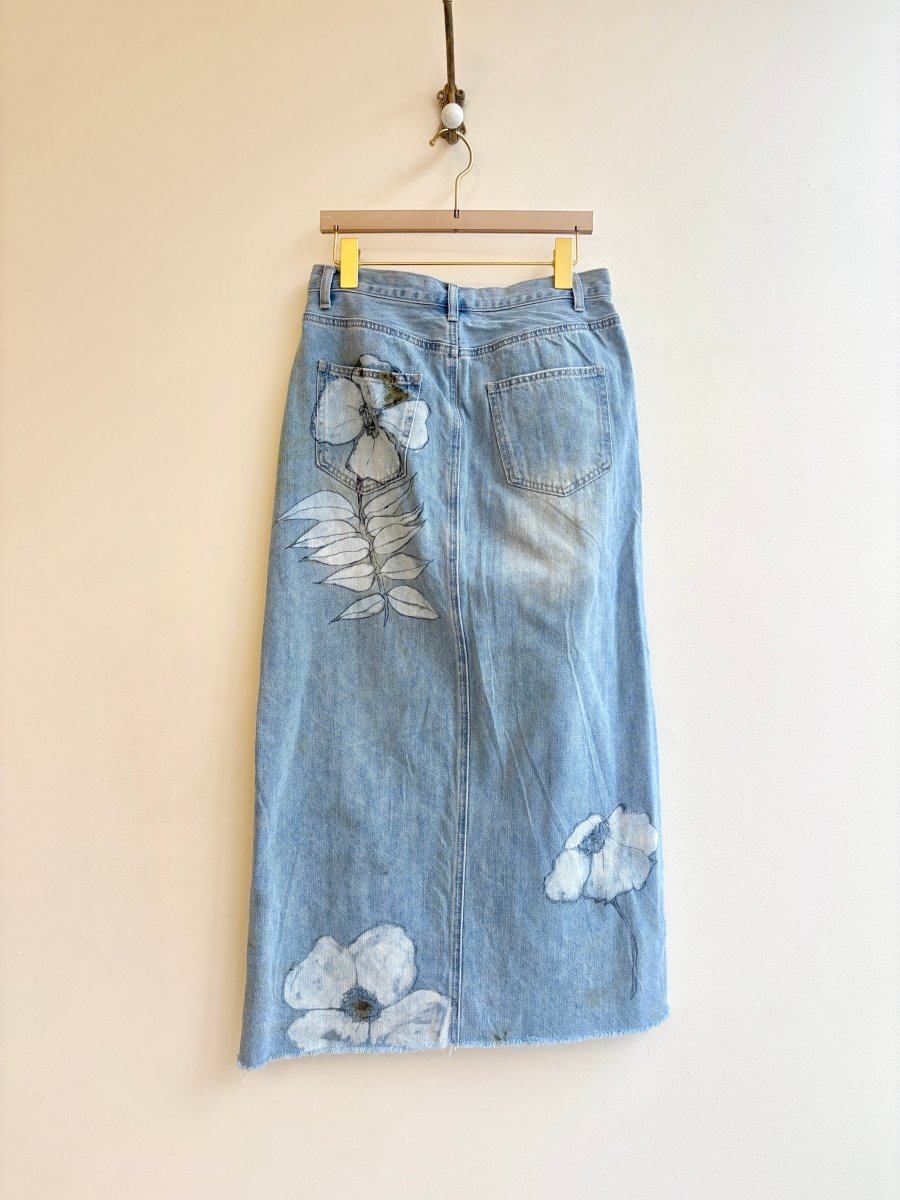 Light Blue Denim Long Floral Printed & Hand Drawn Skirt (Reworked) - Made X Hudson