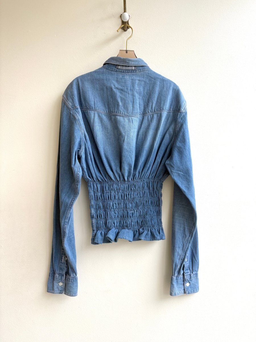 The George Top | Faded Blue Denim Button Down Top w/ Smocked Waist (Reworked) - Made X Hudson