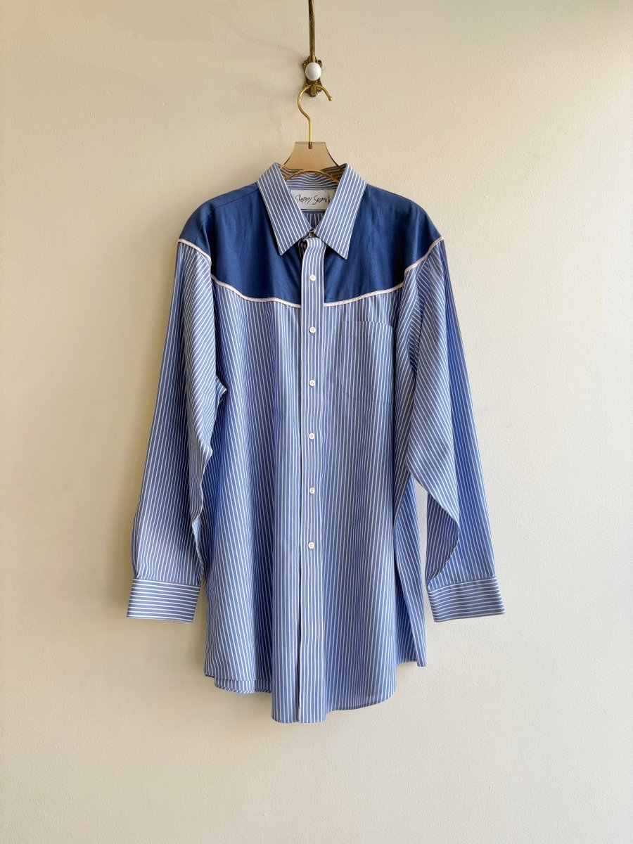 Austin Top | Blue & White Striped Button Down Top w/ Dark Blue Shoulder Accent (Reworked) - Made X Hudson