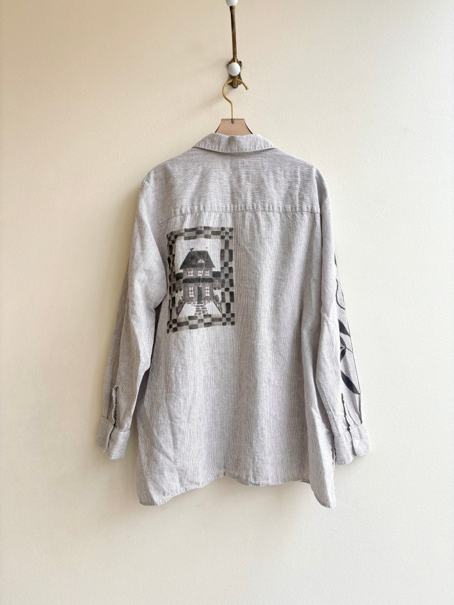 Hand Painted Gray Pinstripe Farm Quilt Motif Top (Reworked) - Made X Hudson