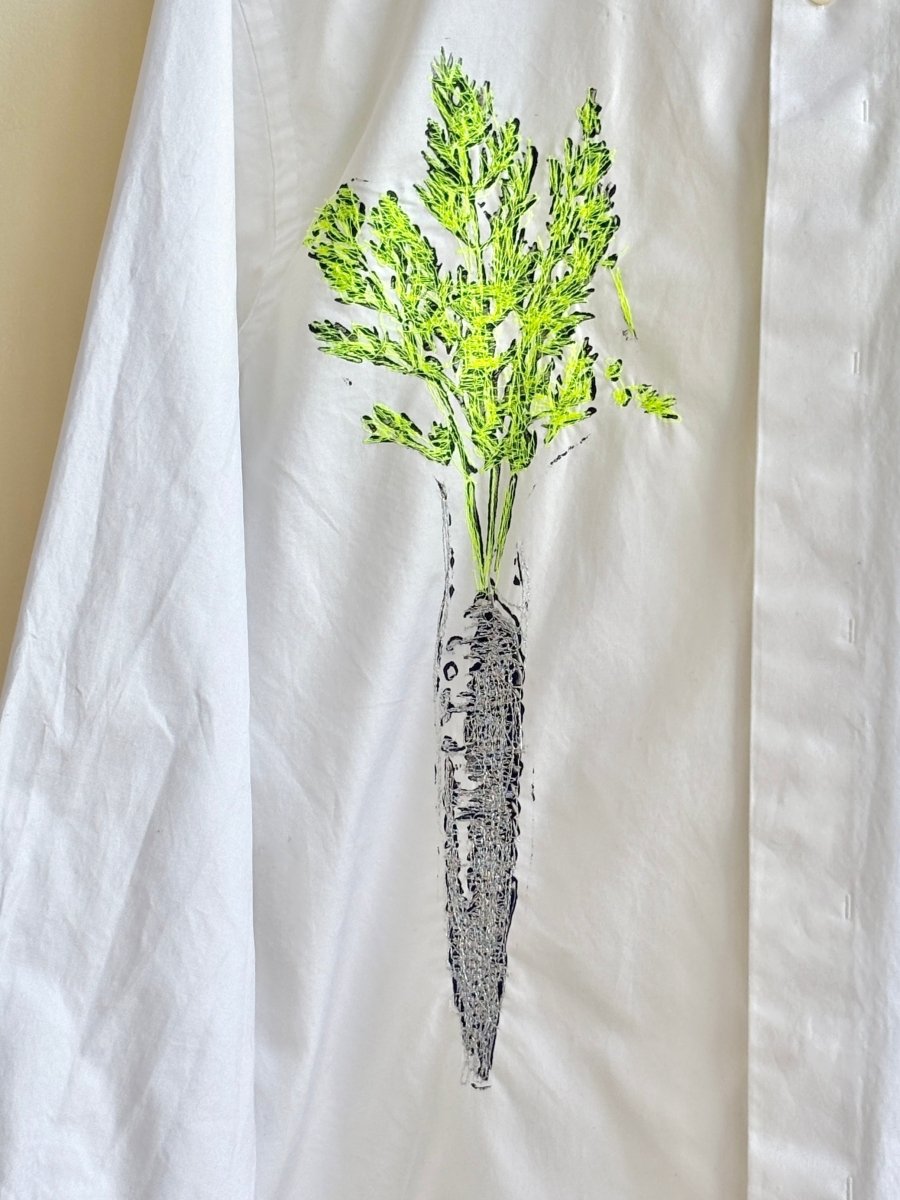 “Sammie” White Neon Embroidered & Stamped Carrot Print Shirt (Reworked) - Made X Hudson
