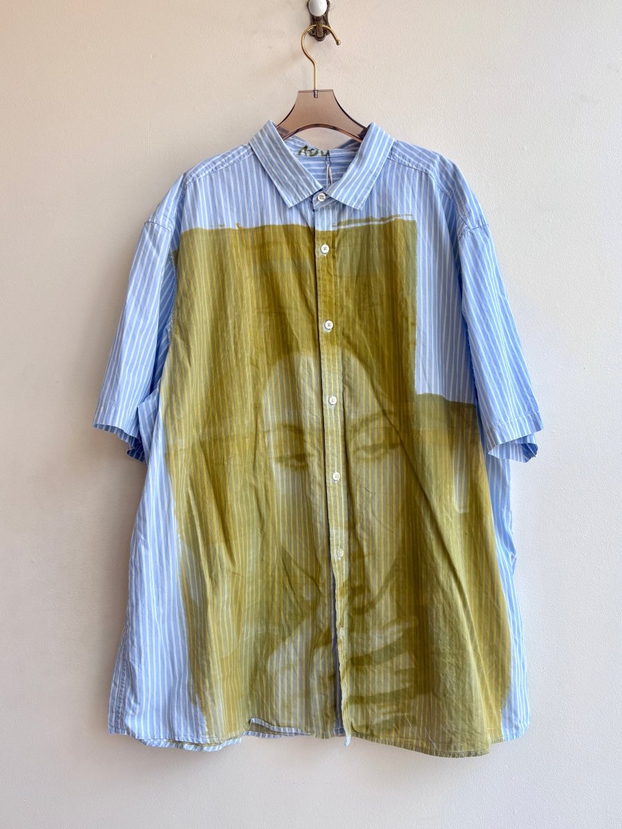 Cher Dark Gold Cyanotype Blue Stripe Short Sleeve Button-Up Shirt (Reworked) - Made X Hudson