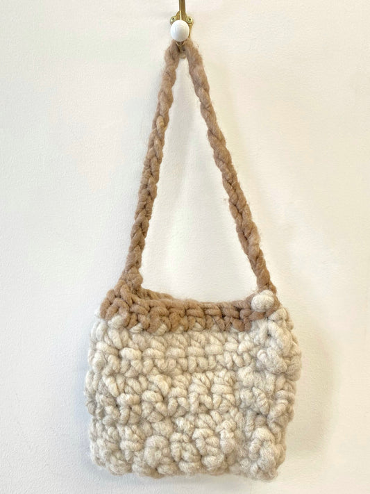 Cream and Brown Wool Fiber Handmade Crochet Bag