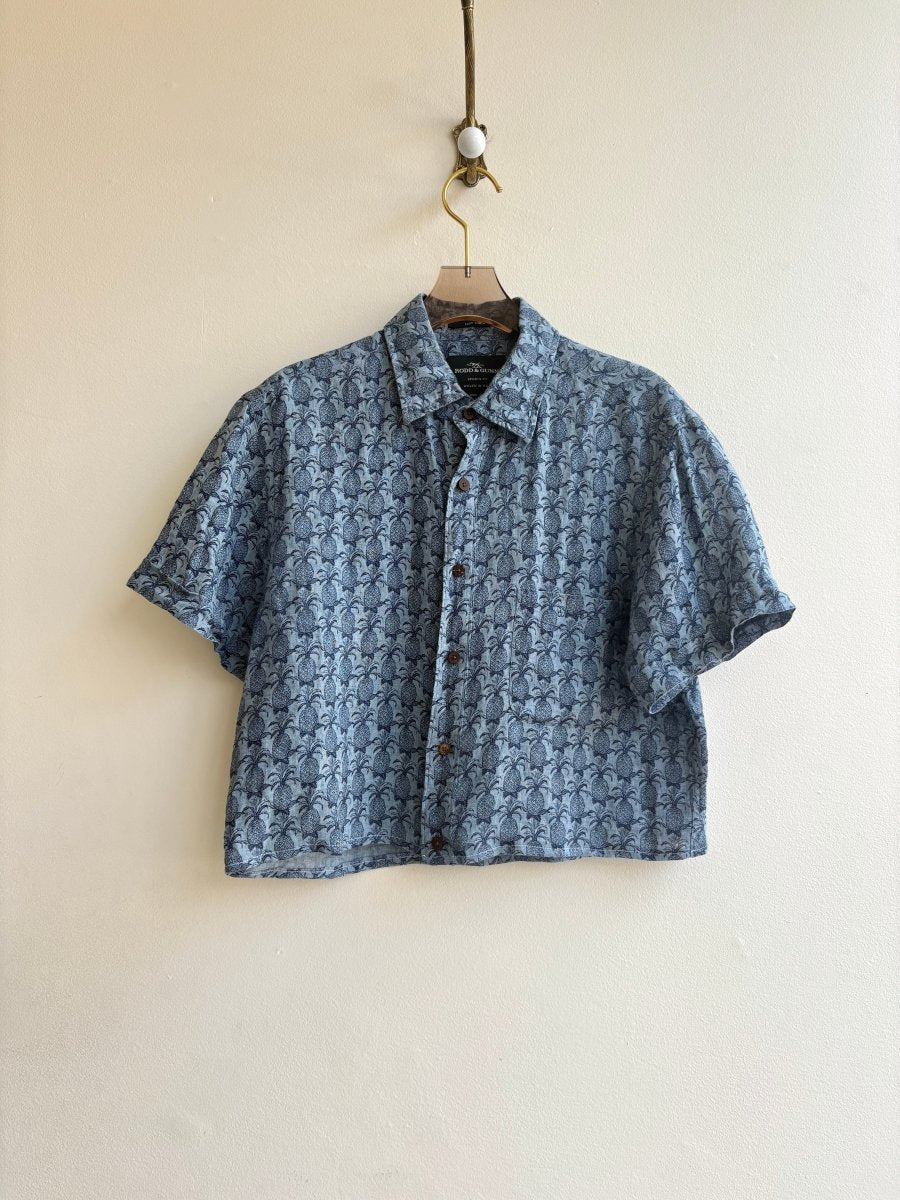 Blue Pineapple Print Short Sleeve Annette Crop Top (Reworked) - Made X Hudson