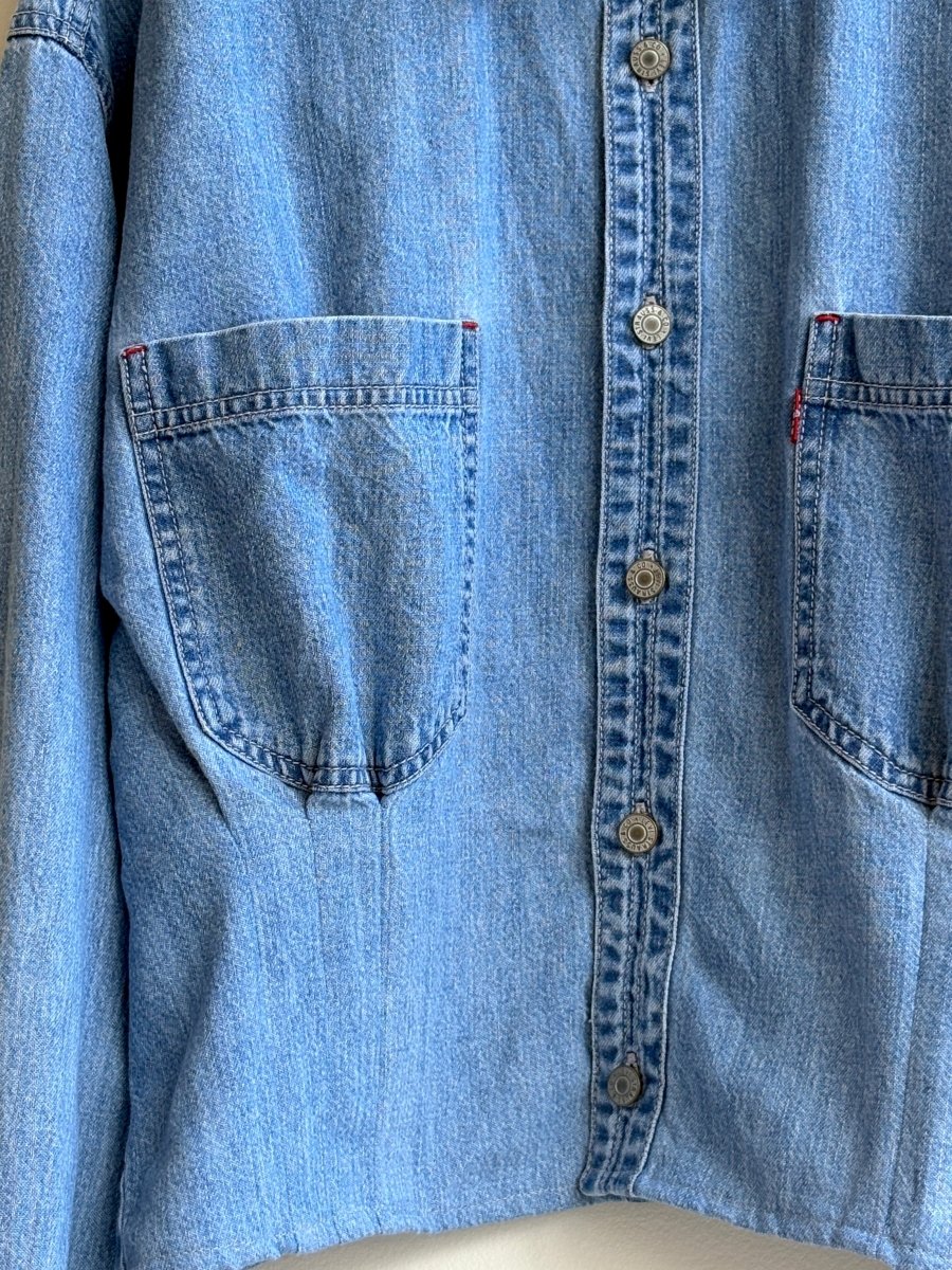 The Kevin Top | Vintage Blue Denim Top w/ Silver Buttons & Gathered Waist (Reworked) - Made X Hudson