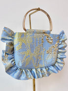 Misty Blue Abstract Gold Brocade Minnie Ruffle Bag - Made X Hudson