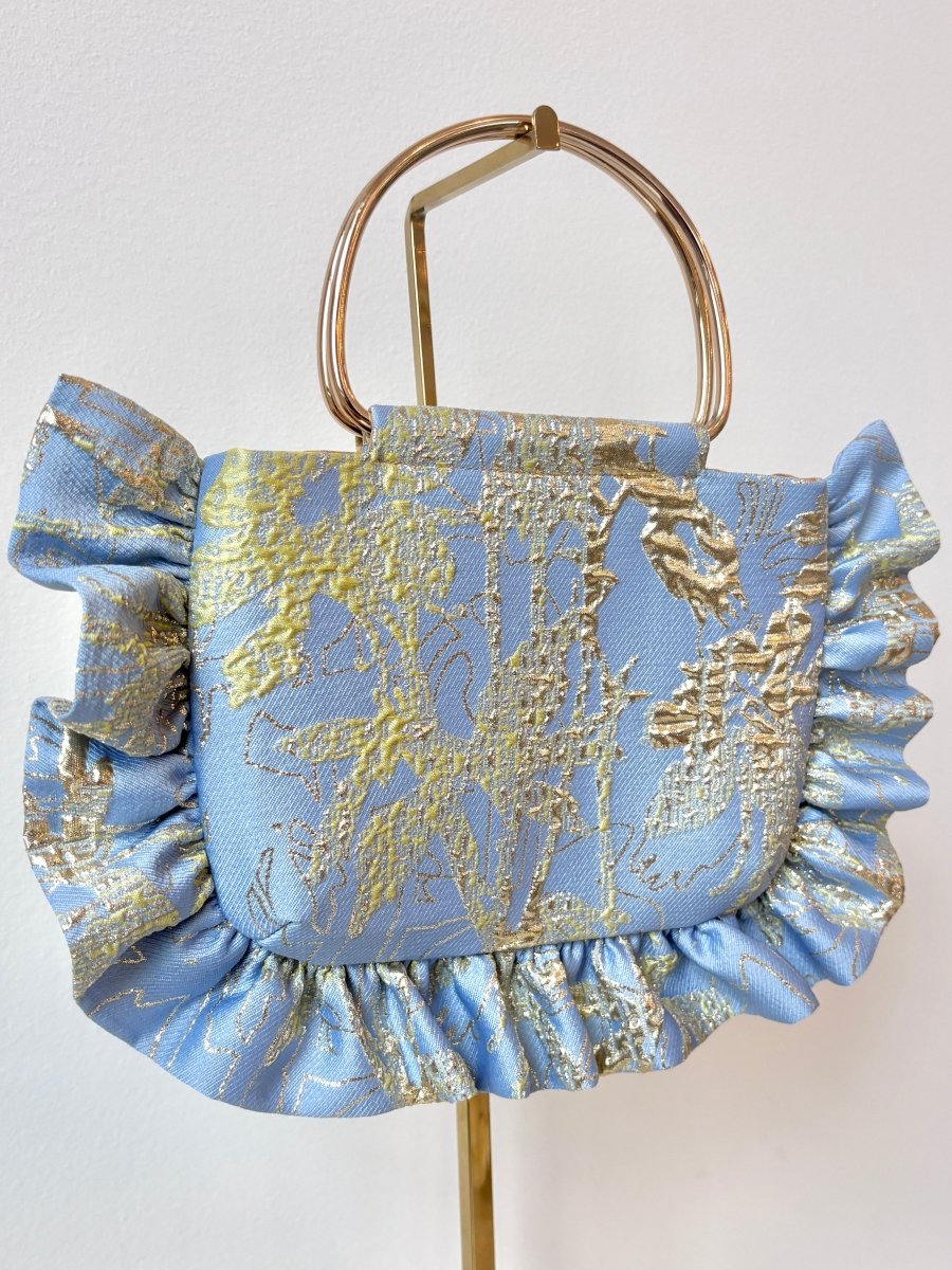 Misty Blue Abstract Gold Brocade Minnie Ruffle Bag - Made X Hudson