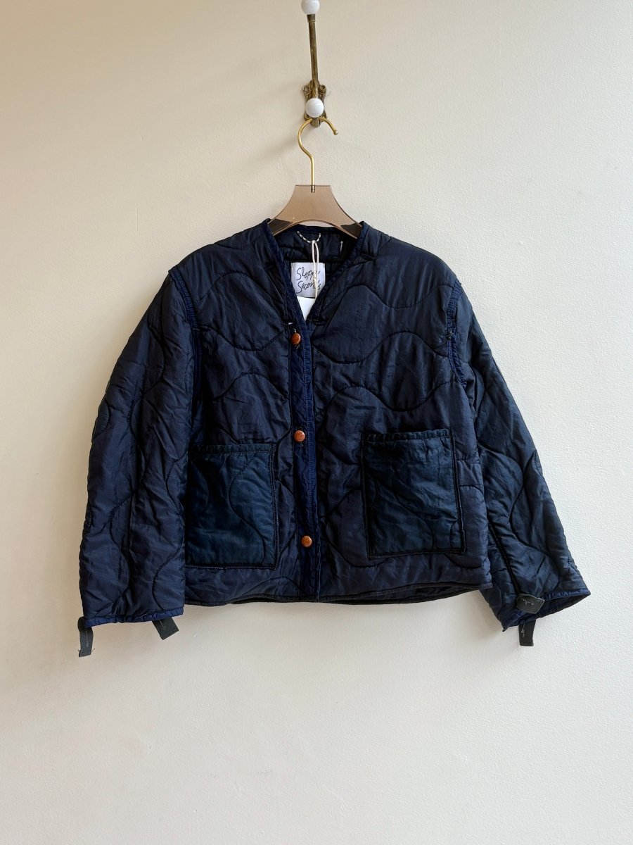 Navy Army Liner Quilted Coat w/ Faux Leather Buttons & Patch Pockets (Reworked) - Made X Hudson