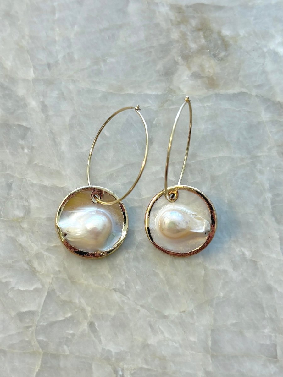 Flat Baroque Pearl Dangler 18k Gold Fill Hoop Earrings (Multiple Types) - Made X Hudson