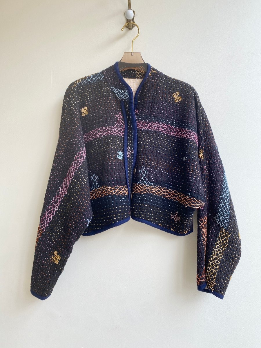 Reversible Kaira Quilted Cropped Jacket in Colors Cream w/ Pastel Embroidery & Black w/ Pastel Embroidery - Made X Hudson