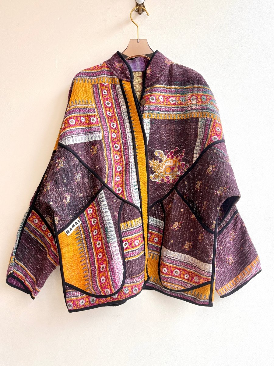 Reversible Ladhiya Quilted Jacket in Colors Eggplant, Saffron, Magenta, Black & Plum, Lime, Cream - Made X Hudson