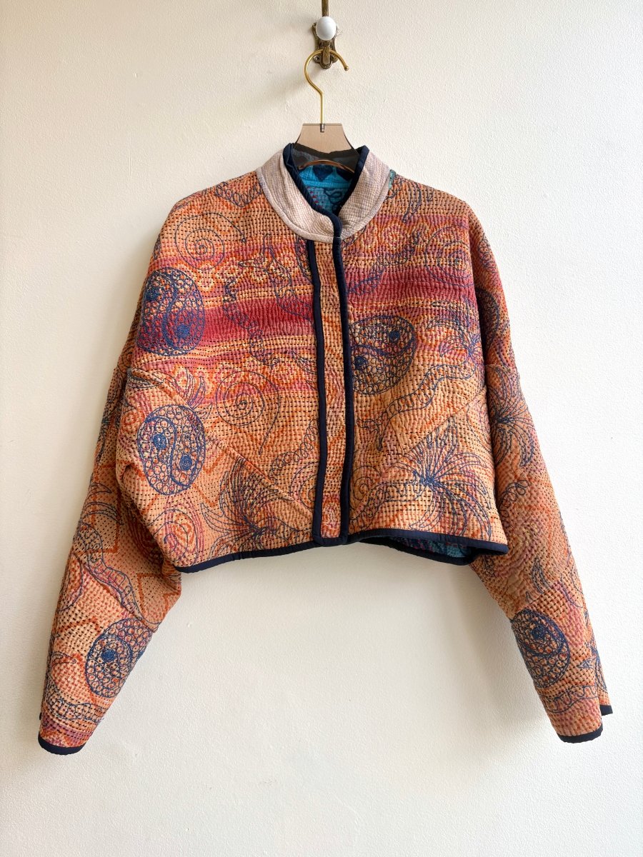 Reversible Kaira Suzani Quilted Cropped Jacket in Colors Cobalt, Navy, Hot Red & Apricot, Mauve, Blue - Made X Hudson