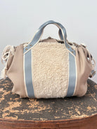 Mini Cross - Body Duffel Bag in Khaki and Faux Sherpa w/ Sky Blue Webbing - Made X Hudson