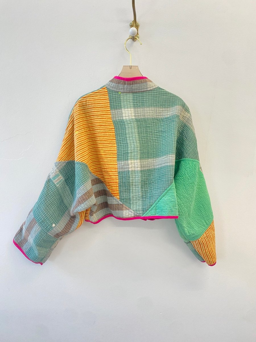 Reversible Kaira Quilted Cropped Jacket in Colors Bright Blue, Hot Pink, Tan, Green & Green, Orange, Yellow - Made X Hudson