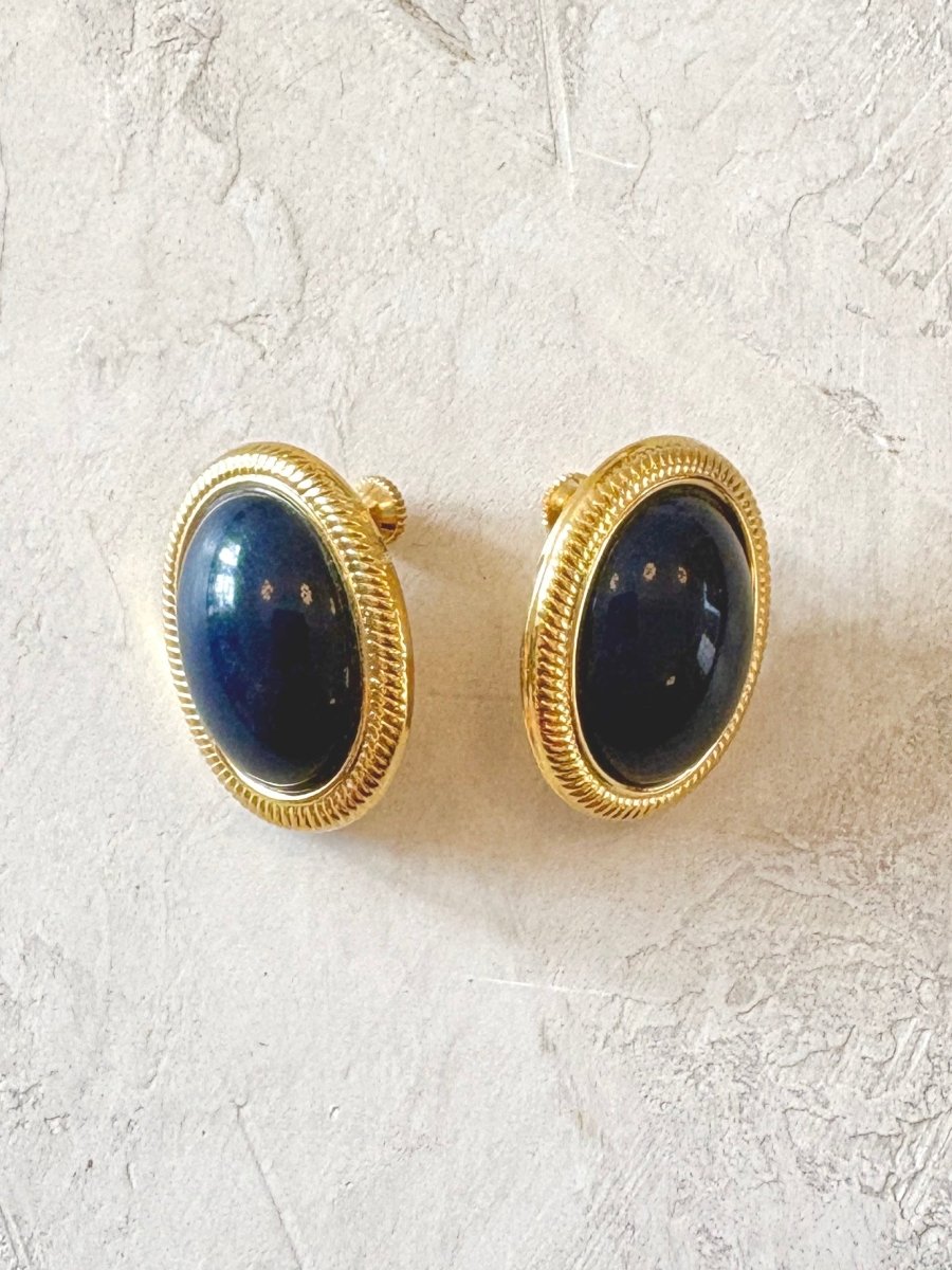 Gold Tone Border and Navy Jackie O Clip On Earrings (Vintage) - Made X Hudson