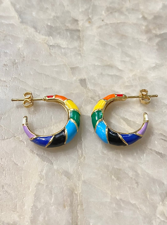 Rainbow Enamel Croissant Open Hoop Earrings