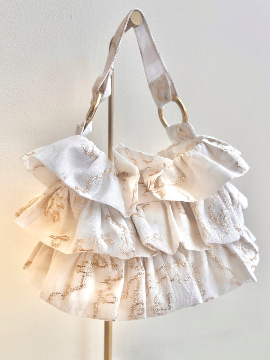 Liza Ruffle Bag in Ivory w/ Gold Abstract Embroidery - Made X Hudson